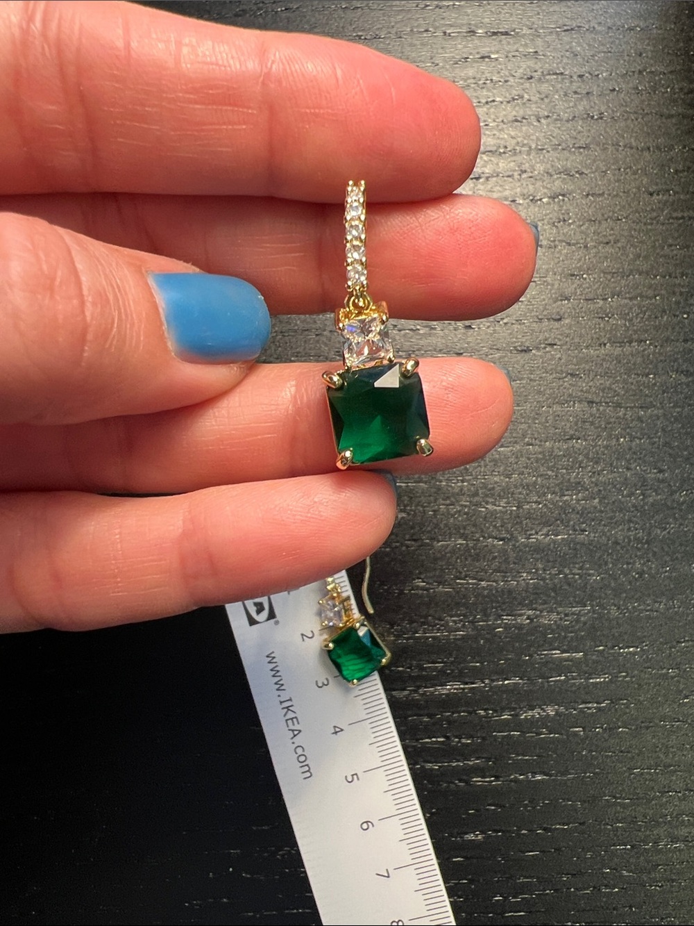 Gold Drop Earrings with Green Square Gemstones and Clear Accents - Picture 4 of 4